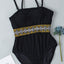 Black Geometric Trim High Waist Strapless One Piece Swimsuit