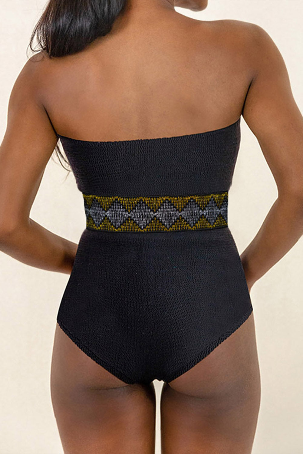Black Geometric Trim High Waist Strapless One Piece Swimsuit
