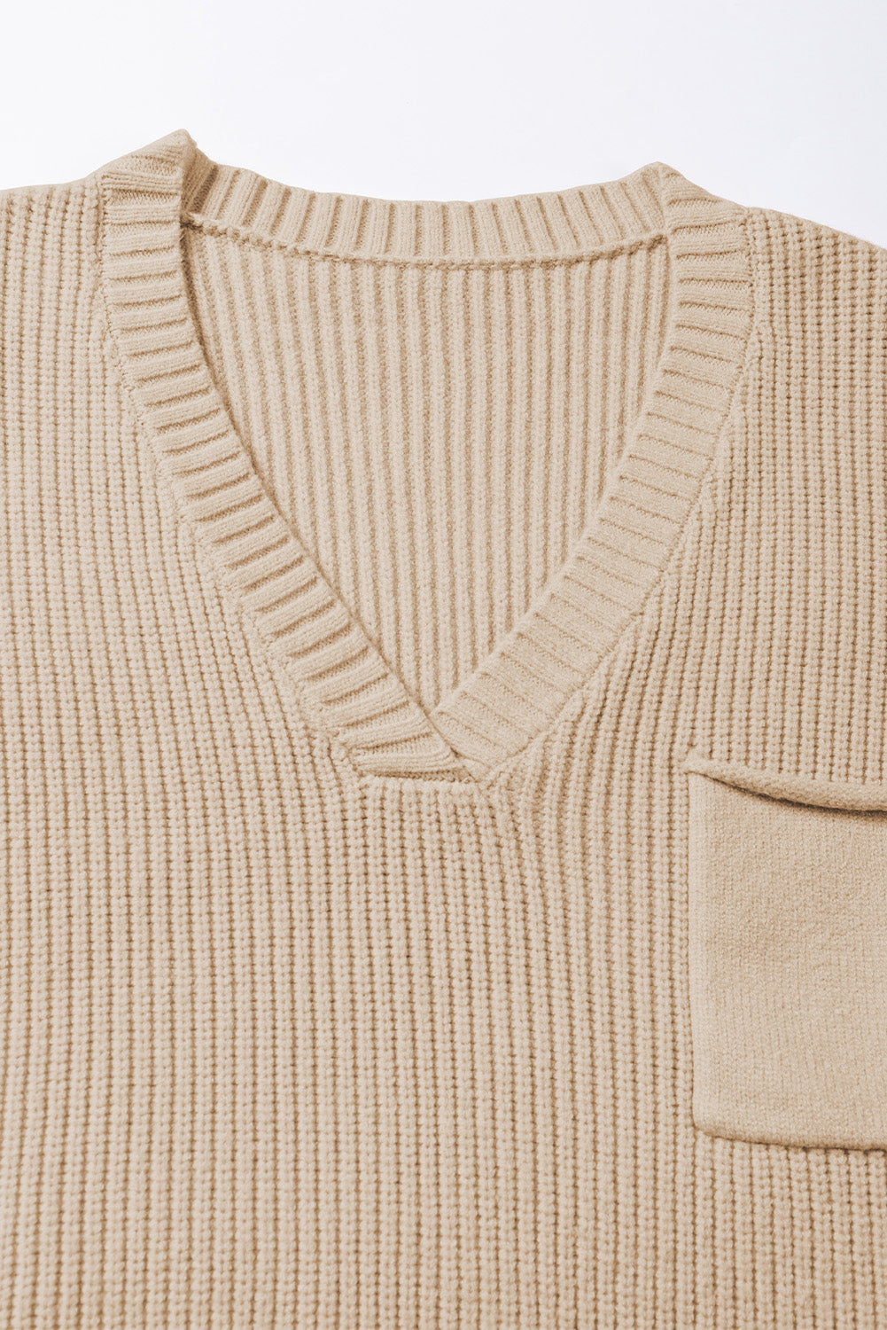 Apricot Chest Pocket V Neck Ribbed Cap Sleeve Sweater
