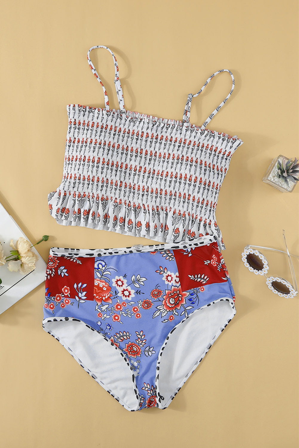 White Printed Smocked High Waisted Swimsuit