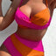Rose Red 2-tone Patchwork Twist Bikini High Waist Swimsuit